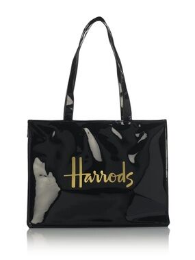 Harrods | Black Patent Tote with Gold Script Logo